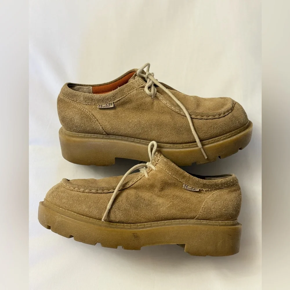 Vintage Y2K Mudd Sara Suede Leather Lug Sole Chunky Heels Loafers Platform Shoes